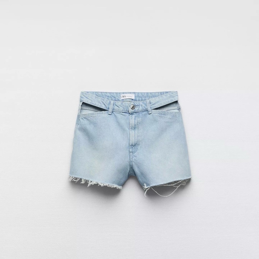 ZARA NWT Cutout Denim Sky Blue Jean Shorts Raw Hem